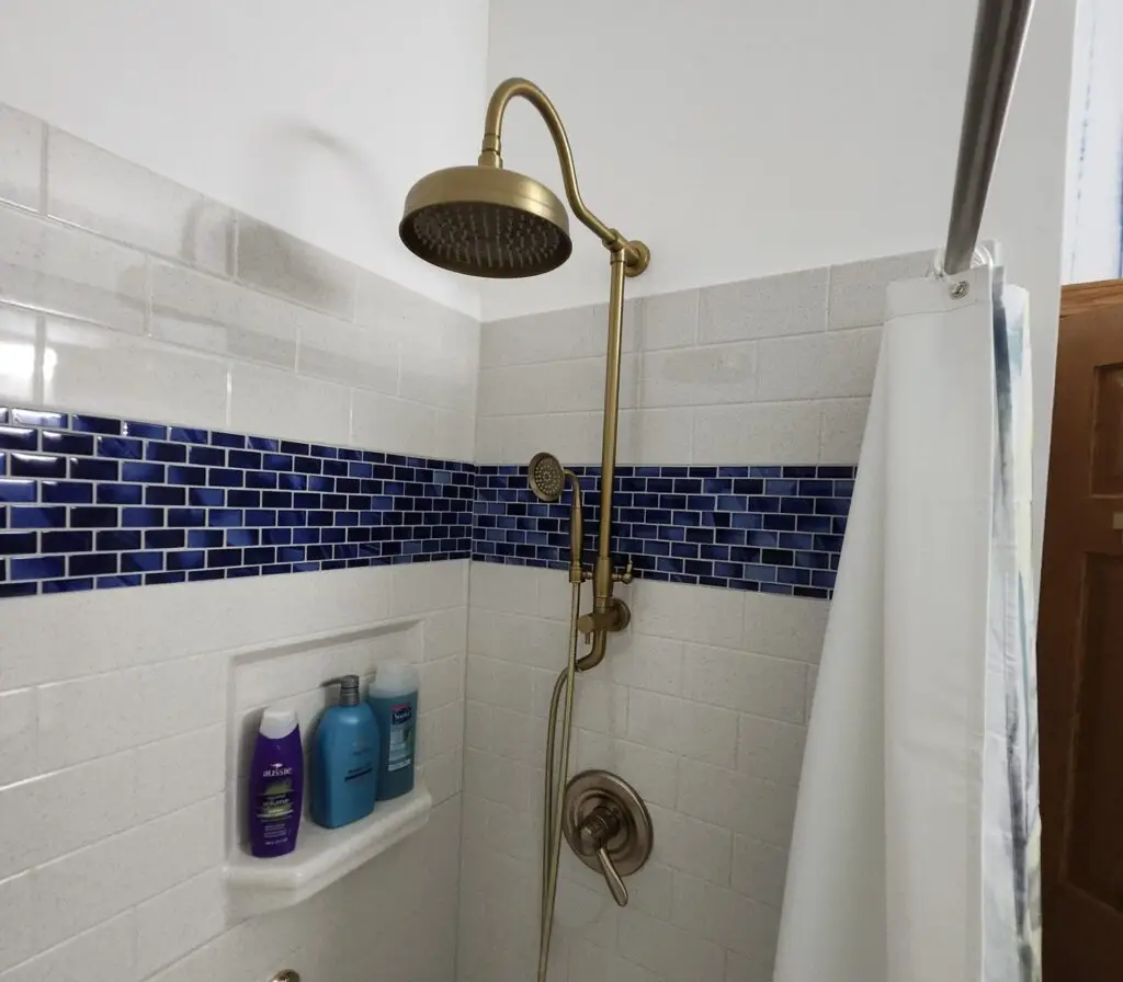 Photograph of a shower remodel with custom blue tile and a shower head with handheld nozzle system completed by Adaptive Remodeling Solutions.