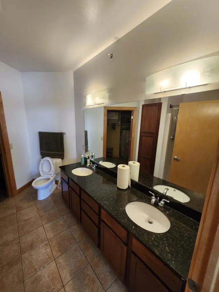 Photograph of a bathroom remodel by Adaptive Remodeling Solutions, depicting dual sinks, large mirror, and a toilet.
