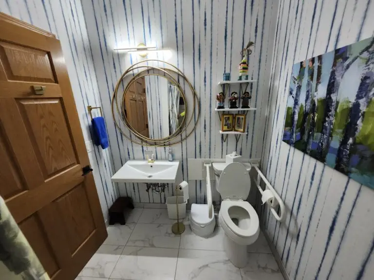 Photograph of a bathroom remodel by Adaptive Remodeling Solutions, showing a white toilet with adjustable grab bars next to a wall mounted sink and gold mirror.