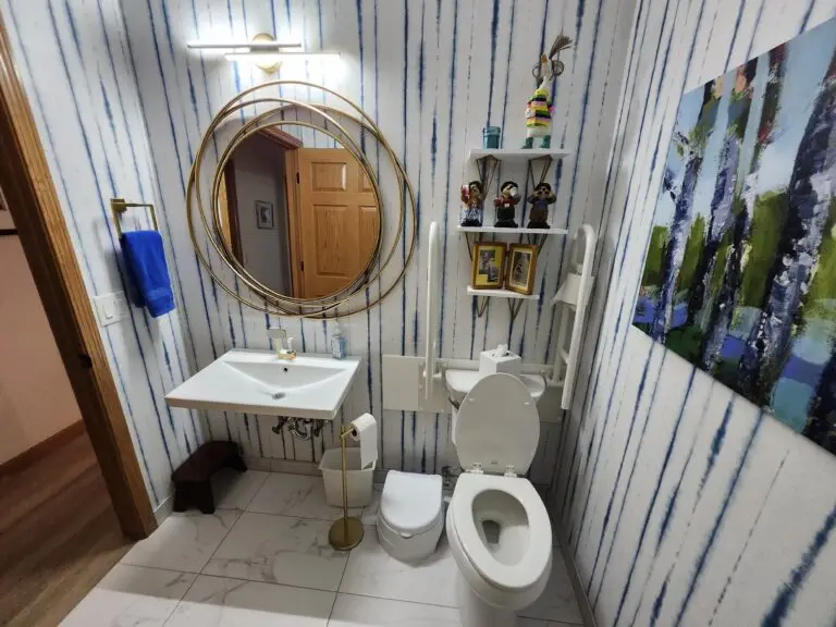 Photograph of a bathroom remodel by Adaptive Remodeling Solutions, showing a white toilet with adjustable grab bars next to a wall mounted sink and gold mirror.
