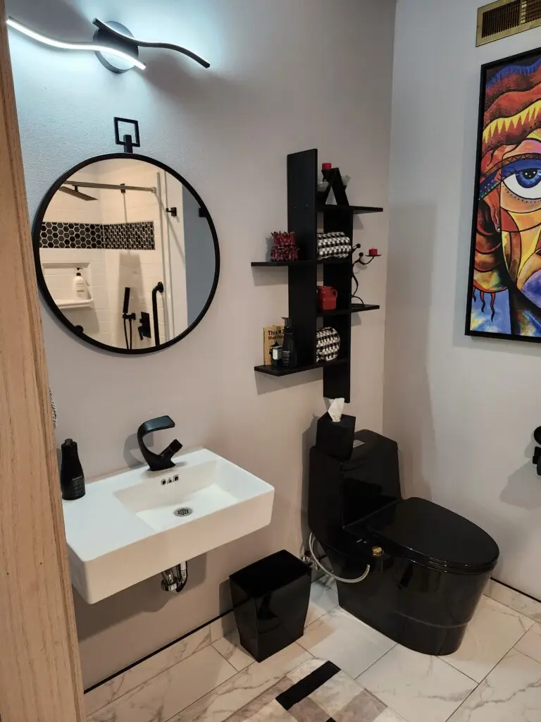 Photograph of a black toilet and wall mounted mirror and sink installation, completed by Adaptive Remodeling Solutions.