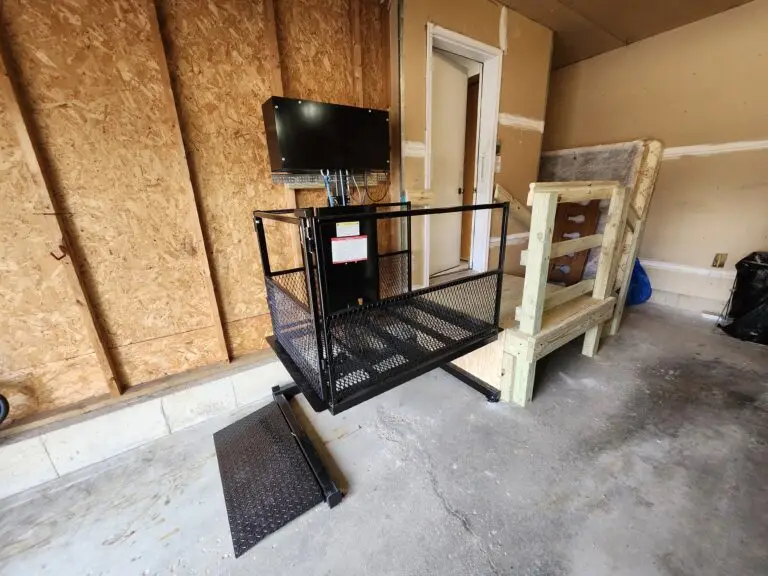 Photograph of wooden stairs and wheelchair lift installed by Adaptive Remodeling Solutions.