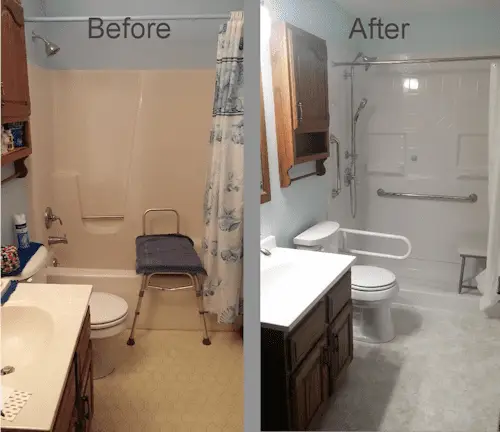 Before and after picture of a bathroom remodel completed by Adaptive Remodeling Solutions.
